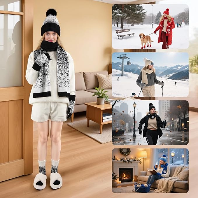 Womens Winter Beanie Hat Scarf Gloves Fuzzy Socks 4 In 1 Set Thermal Fleece Knitted Hat Warm Long Scarf Cold Weather