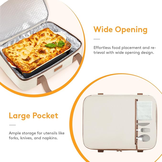 LUNCIA Insulated Double Decker Casserole Carrier, Lasagna Lugger Tote Keeps Food Hot or Cold, Thermal Lunch Bag for Potluck Parties, Picnic and Cookouts, Fits 9" x 13" Baking Dish, Cream