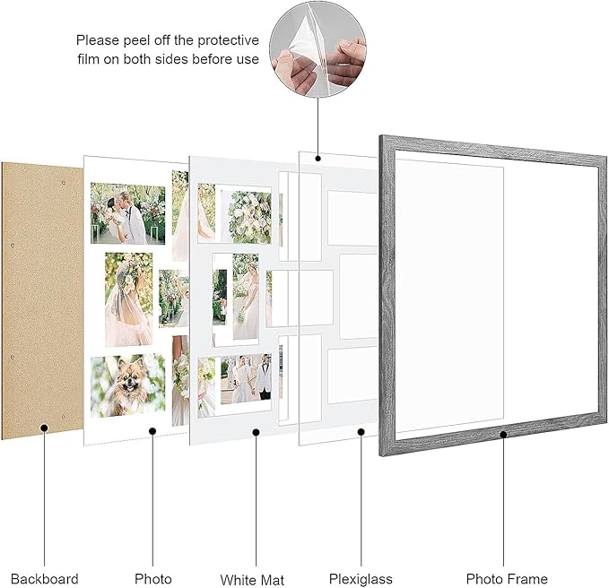 17x17 Collage frame with 9 Openings 4X6 Pictures, Multiple Picture Frame with Mat, Wall or Tabletop Decor, Grey Wood Grain,2 Pack