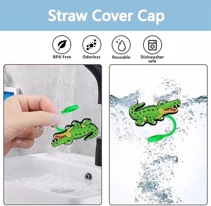 Animal Straw Toppers For Stanley Cups;Straw Covers Cap Toppers Compatible With Stanley 30&40 Oz Tumbler, Reusable & Silicone Tumbler Straws Topper For 0.4 Inch Tips Animal Lover Gifts (Alligator)
