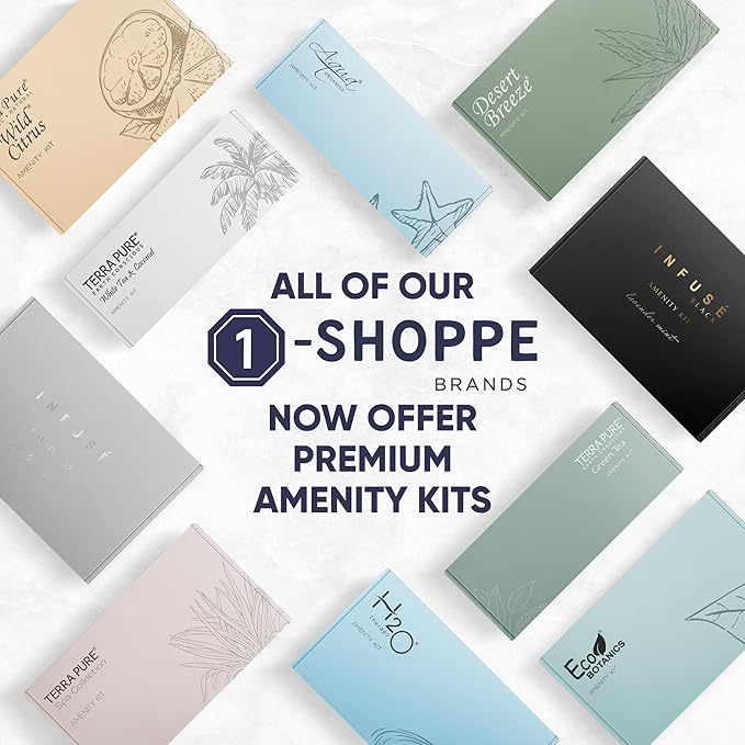 Terra Pure White Tea & Coconut Amenity & Accessory Kit |1oz Travel Size Shampoo, Conditioner, Lotion, Body Wash, 2 Cleansing Bars, Shave & Dental Sets, Make-Up Remover Wipes, & Vanity Kit | 15 Boxes