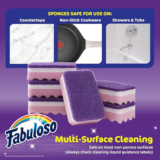 Fabuloso Scratch-Free Kitchen Dish Sponges, Purple Cellulose Scrubber Sponge with Scouring Pad for Dishes, Pots, Pans, Counters and Sinks, Tough on Messes, 4.25 x 2.75 x 1.25 in, 6 Count - 2 Pack