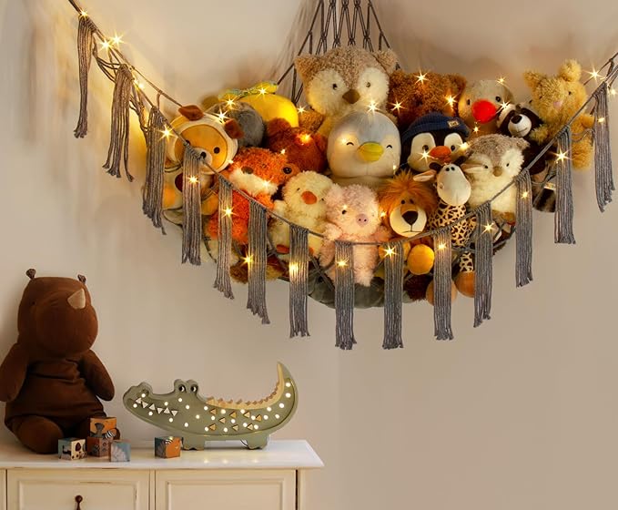 RelaxScene Stuffed Animal Hammock Corner Storage with LED Light - Pluish Hammock Large Plushie Net - Stuffed Animal Holder Hanging Organizer - Teddy Bear Hammocks Room Decorations