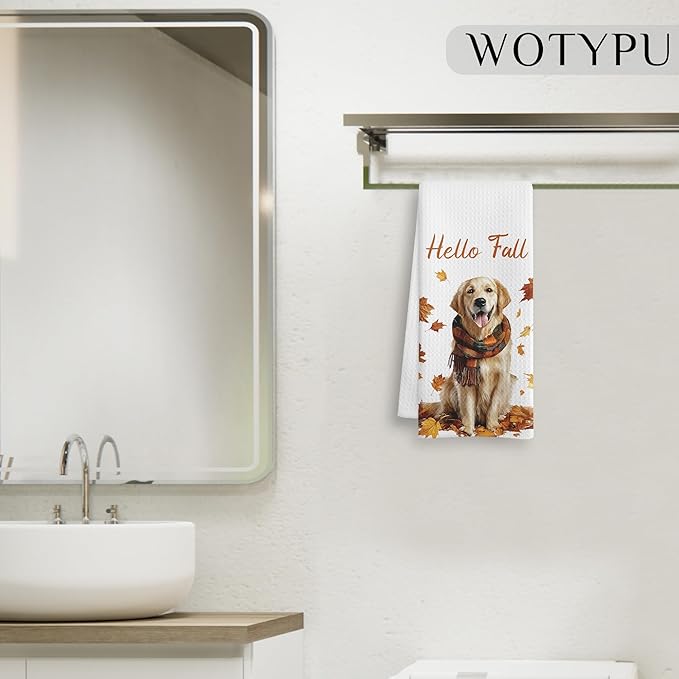 Fall Golden Retriever Kitchen Towels, Golden Retriever Lover Gifts Dish Tea Towel for Kitchen Decor, Farmhouse Fall Autumn Maple Leaf Dog Hand Towels for Bathroom Decor, 16x24 Inch