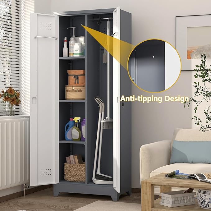 GREATMEET 65" H Broom Closet, Broom Closet Cabinet with Pegboard and Hanging Rod, Cleaning Tool Storage Cabinet, Tall Metal Utility Closets with Locking Doors for Bathroom, Garage