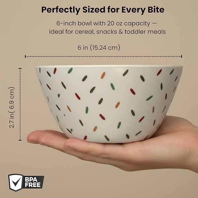 Bamboo Bowl Set of 4 – 6 Inch 20 oz Durable Deep Cereal and Snack Dishware for Kids and Toddlers – BPA Free, Dishwasher Safe, Lightweight Alternative to Plastic or Ceramic (Partypopper)