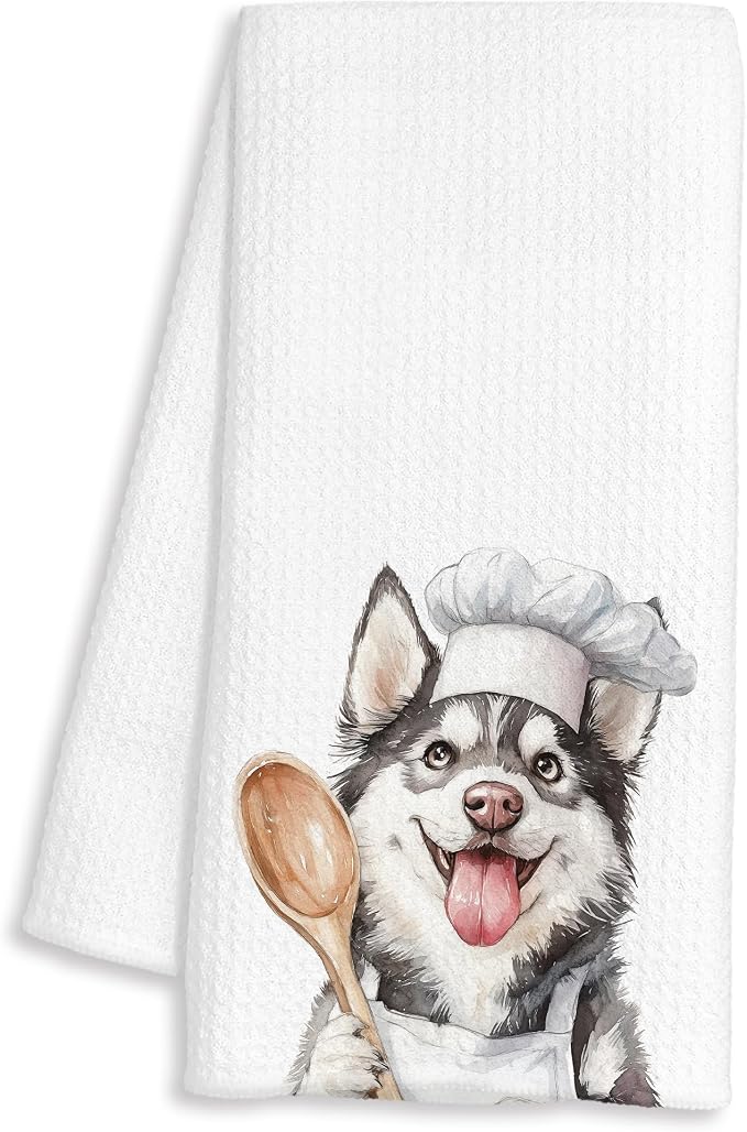 Funny Siberian Husky Chef Kitchen Towels, Gifts for Husky Lovers, Chef Gifts for Women Men, Funny Dog Decorative Dish Hand Tea Towels for Kitchen Bakery, 16x24 Inch