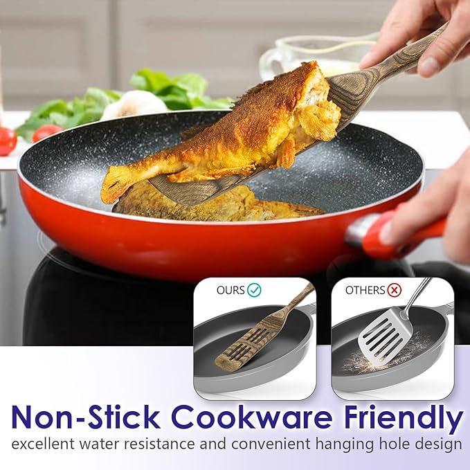 Pakkawood 6-Piece Wooden Cooking Utensil Set-Wood Kitchen Utensil Set, Wooden Spoons for Cooking, Nonstick Safe Non-Toxic Wooden Cooking Tools Long Handle Design by HOWHONG (Granite Color)