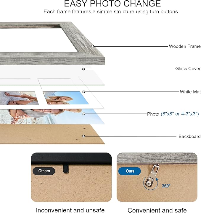 8x8 Picture Frame Set of 2, with Glass and Grey Wood Frames, Display Collage Four Opening 3x3 With Mat or 8 x 8 Without Mat for Wall Hanging or Tabletop
