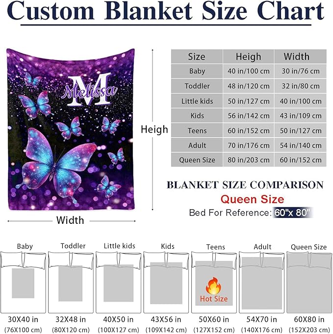 Personalized Baby Blanket with Initial - Customized Throw Blanket Gift for Girls Kids Teens Adults (Butterfly Design)