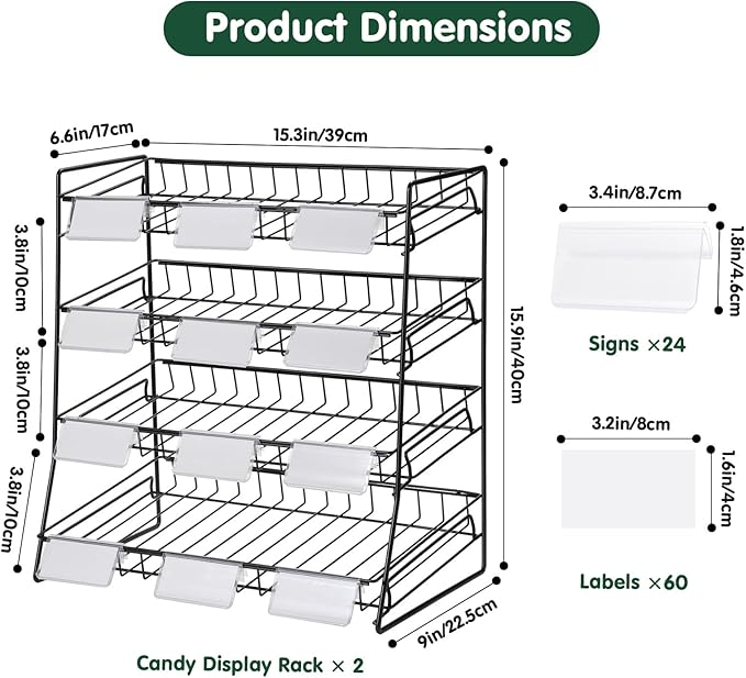 4-Tier Black Stackable Candy Display Rack, Snack Organizer For Countertop, Stores, Offices with 24 Signs and 60 Labels (Black-2 Pack)