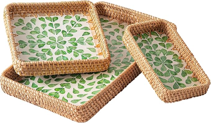 Set of 3 Rectangle Rattan Trays for Decor, Wicker Serving Tray Boho, Hand-Woven from Natural Rattan with Mother of Pearl Inlay, Vintage Woven Decorative Trays for Coffee Table, Bathroom, Dining Table