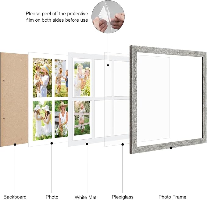13x13 Collage frame with 6 Openings 4X6 Pictures, Multiple Picture Frame with Mat, Wall or Tabletop Decor, Grey Wood Grain,2 Pack