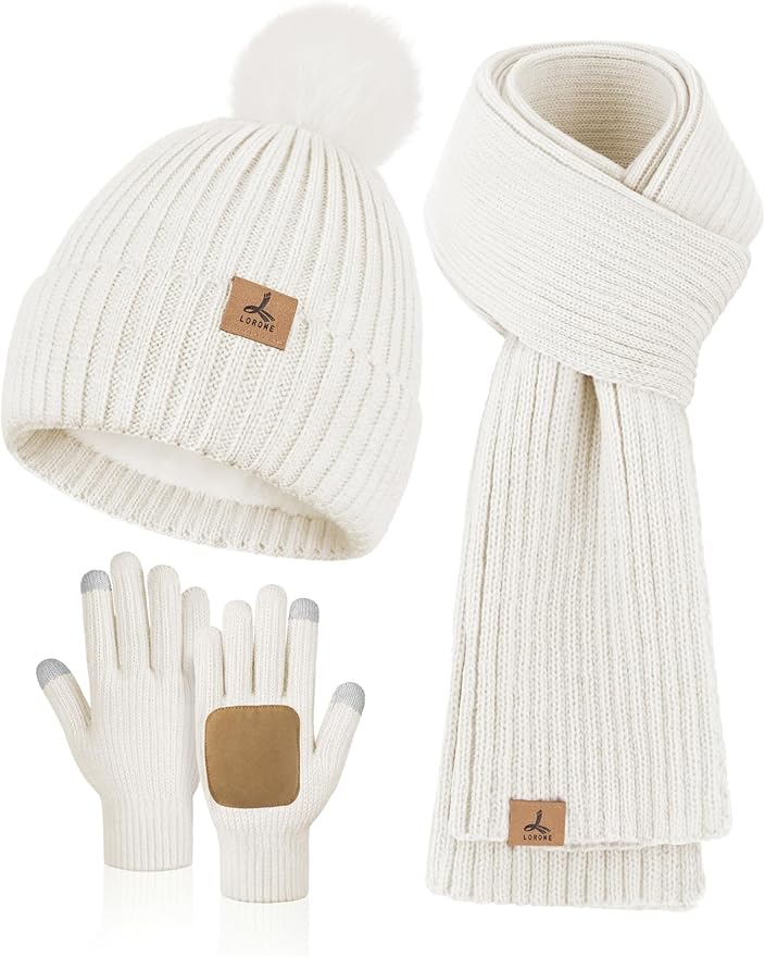 LOROME Women Winter Beanie Hat Scarf Gloves Set, Fleece Knitted Pompom Hat Warm Neck Scarf Touchscreen Gloves Winter Gift