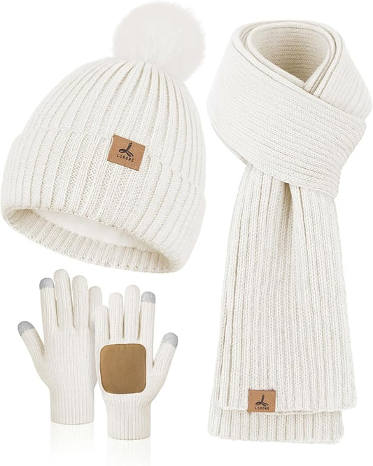 LOROME Women Winter Beanie Hat Scarf Gloves Set, Fleece Knitted Pompom Hat Warm Neck Scarf Touchscreen Gloves Winter Gift