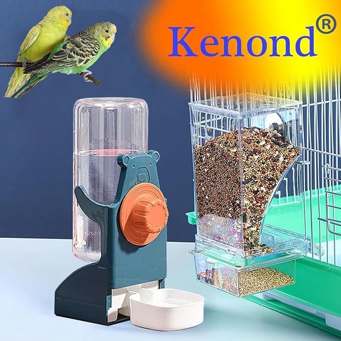 Kenond No Mess Bird Feeders Water Dispenser Set，Automatic Feeders for Cage | Automatic Parrot Feeder Cage Accessories, Clear Seed Container Food Drinker for Cage, for Cockatiel Lovebirds Budgies Canary