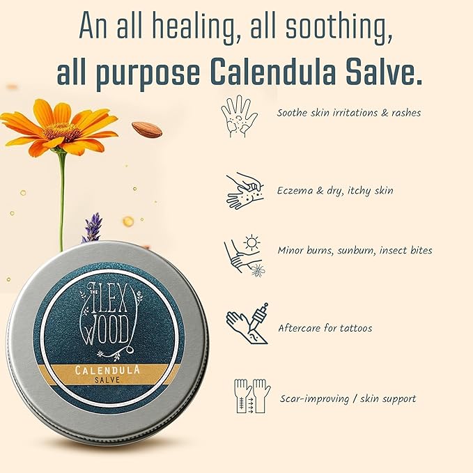 The Ilex Wood - Calendula Salve - all natural balm, soothes rashes, itching, dry skin, eczema, hand cream for women and men, cruelty free, plastic free - 3.38 fl oz (100ml)