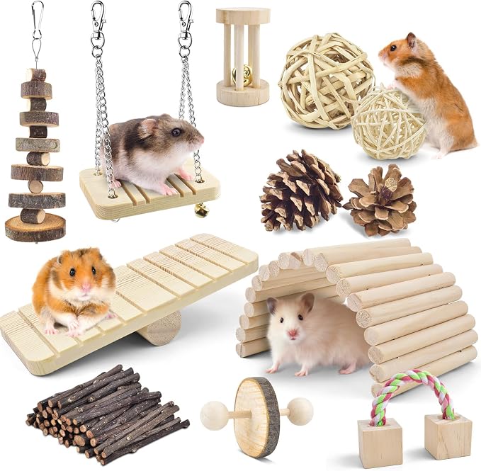 ERKOON Safe 12 Pack Hamster Chew Toys Gerbil Rat Guinea Pig Chinchilla Chewing Toys Cage Accessories, Natural Wooden Dumbbell Exercise Bell Roller Teeth Care Molar Toy for Rabbits Bird Small Animals