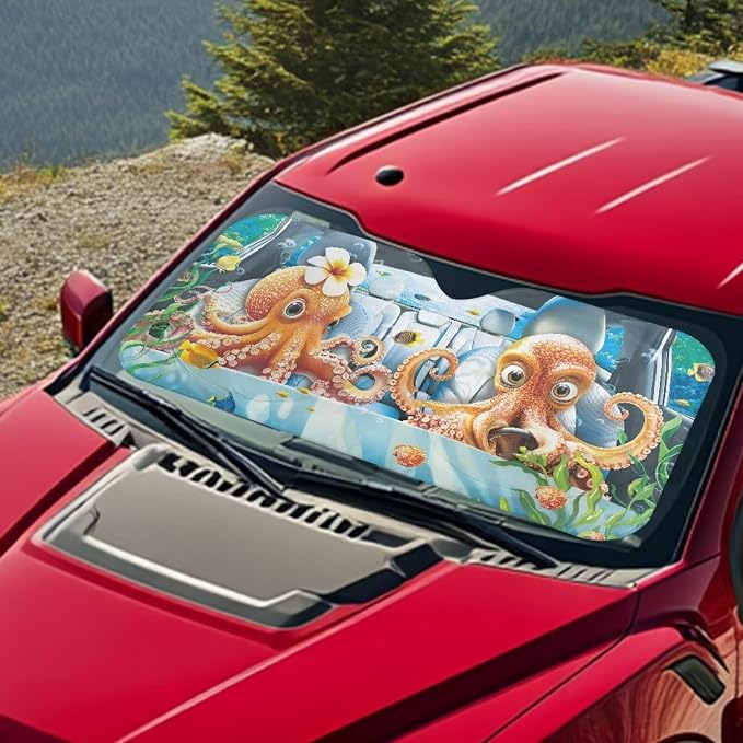 Octopus Print Car Front Windshield Sun Shade Foldable Funny Cute Window Sun Visor UV Rays & Heat Protection Reflector Sunshade Offers Protection for Car Interior for Pickup Truck SUV