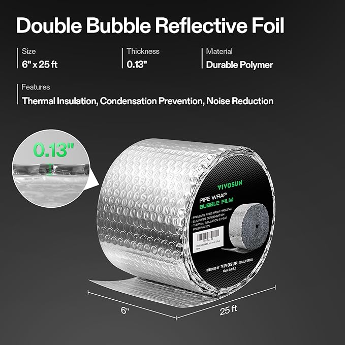 VIVOSUN Double Bubble Foil Insulation Roll, 6" x 25 ft Reflective HVAC Pipe & Duct Wrap, Weatherproof Thermal Insulation for Attics, Windows, Garages