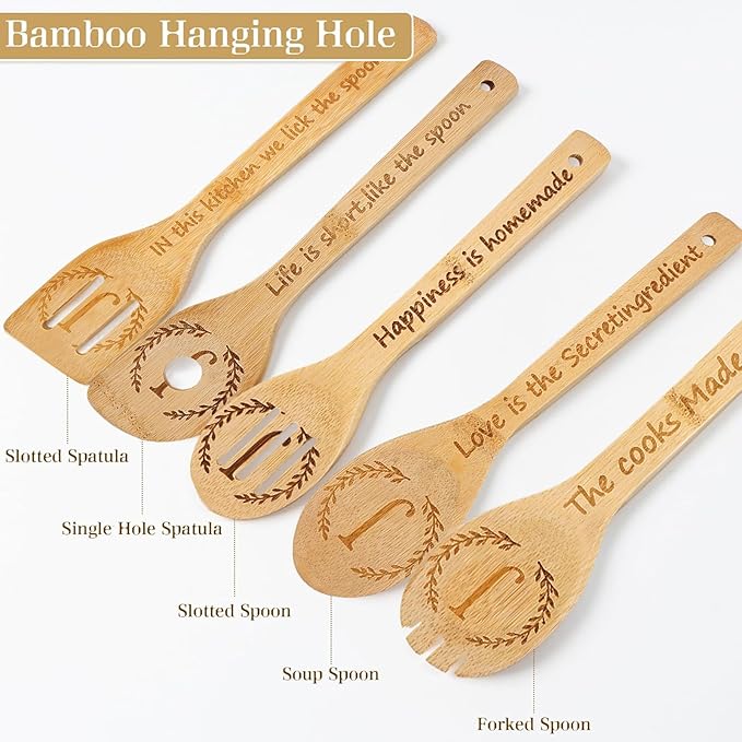 5PCS Initial Wooden Cooking Spoons Initial Letter Kitchen Decor Gifts Personalized Monogrammed Birthday Gifts for Women Mom Friend Housewarming Wedding Bamboo Cooking Spoons
