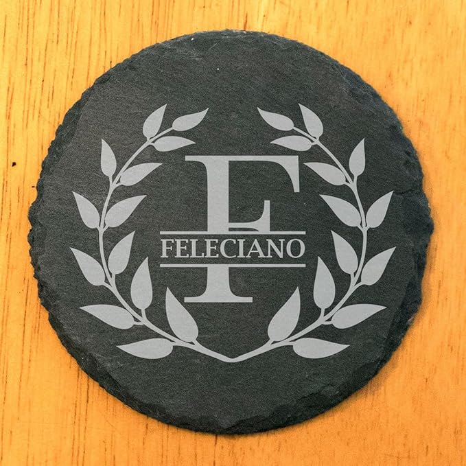 ustic Elegance: Personalized Slate Coasters with Wreath Design - Round Slate - Set of 8