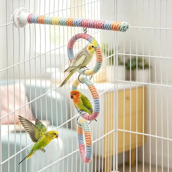 Litewoo 3-Ring Bird Swing Parrot Perch Colorful Cotton Rope Chew Climbe Toy | Colorful soft cotton rope, adjustable length for multi-level play, durable metal connections, for parakeet/budgie/conure