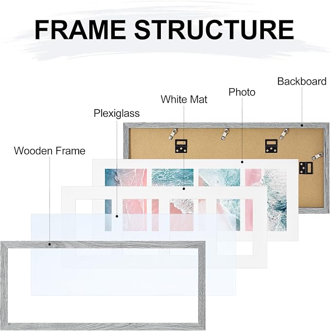 Vittanly 8x20 Collage Picture Frame, Displays 4Pcs 4x6 Pictures with Mat or 1Pcs 8x20 without Mat, Picture Frames Collage Wall Decor for Horizontal or Vertical Display, Grey, 1 Pack