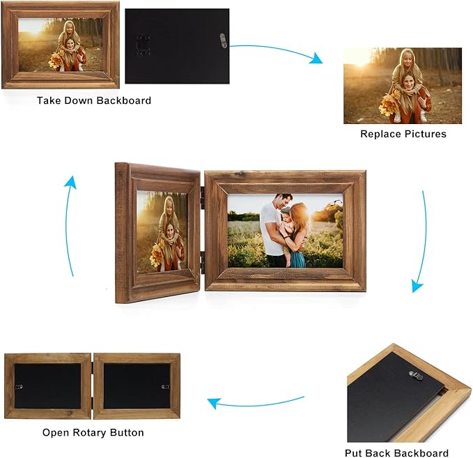 Vertical & Horizontal 4X6 Picture Frames Double Hinged Wood Folding Photo Frames with Real Glass Front Fit for Desktop or Tabletop, Wood Grain XZON-V46-H64