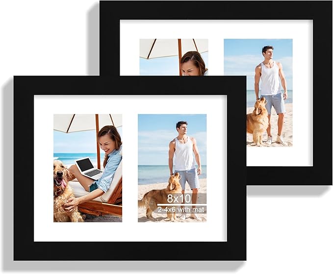 8x10 Picture Frame Set of 2, Black Wood Frame with Glass Collage Frame, Display Pictures Two 4x6 With Mat or 8 x 10 Without Mat - Horizontal or Vertical Wall Mounting