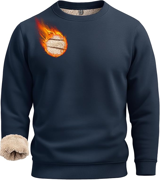 Boladeci Men's Full Sherpa Lined Crewneck Sweatshirts Heavy-weight Fleece Pullover Thick Thermal Long Sleeve Cotton