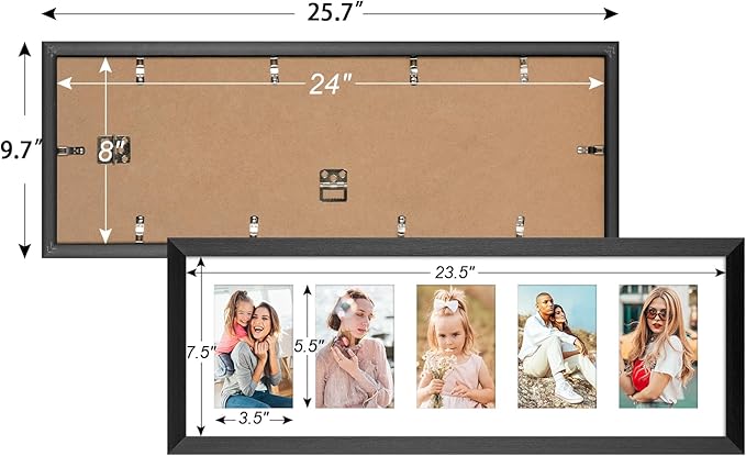 8x24 Collage frame with 5 Openings 4X6 Pictures, Multiple Picture Frame with Mat, Wall or Tabletop Decor, Black Wood Grain,2 Pack