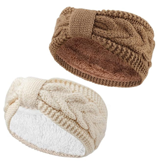 AQOKKA Knit Winter Headbands for Women Fuzzy Wool Fleece Lined Ear Warmers Elastic Turban Crocheted Head Wrap Winter Accessories for Women Cold Weather
