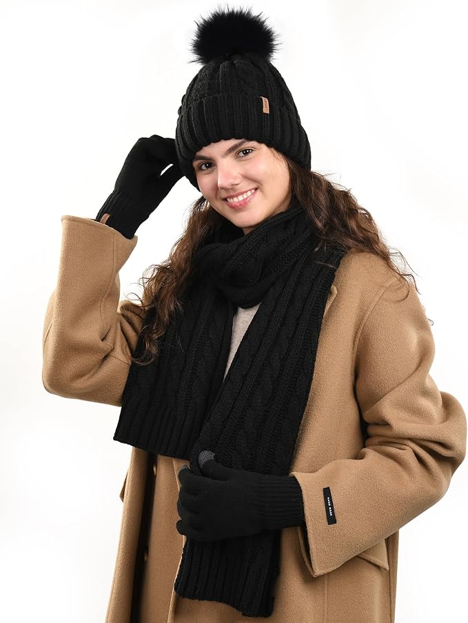 FURTALK Womens Winter Hat Gloves Scarf Set Fleece Knit Pom Beanie Warm Neck Warmer Touchscreen Gloves 3 in 1 Gift Set