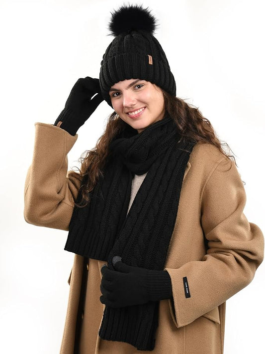 FURTALK Womens Winter Hat Gloves Scarf Set Fleece Knit Pom Beanie Warm Neck Warmer Touchscreen Gloves 3 in 1 Gift Set