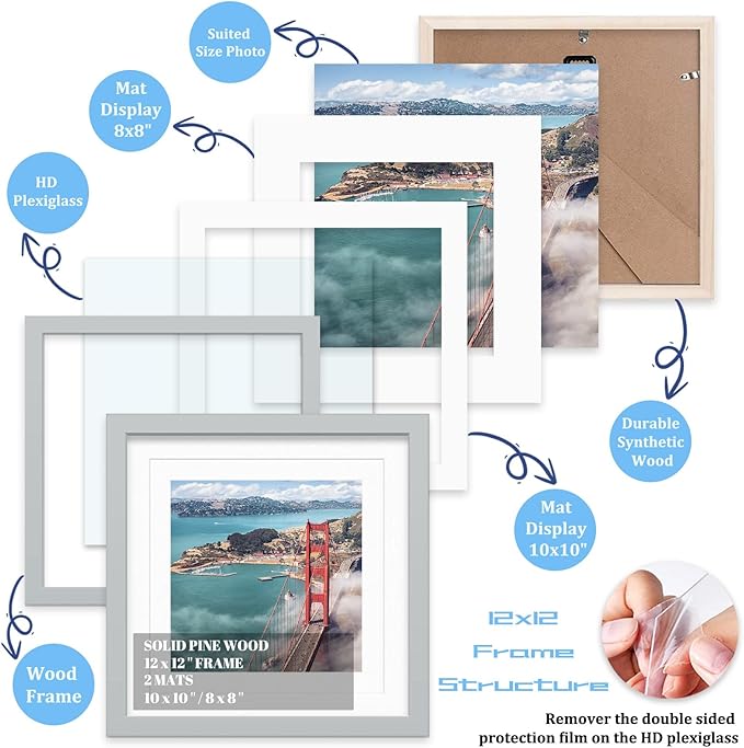 12x12 Wood Picture Frames for Wall Hanging or Tabletop,Diamond Painting Frame Baby Scan Picture Frames with 2 Mats Display 8x8 or 10x10 for Family Walls Decoration,Anniversary,Wedding,Christmas(Gray)
