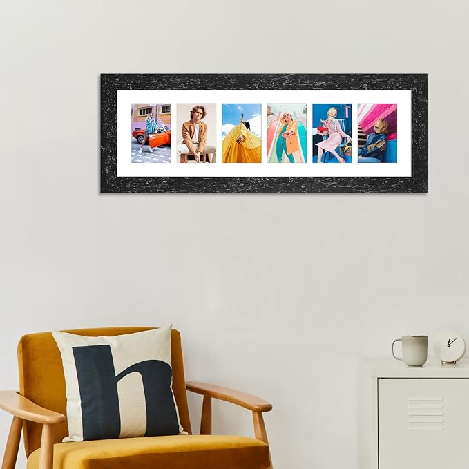 8x26 Picture Frame Display 6 opening 4X6 Picture Frame Collage,Multi Photo Frame with Mat,Plexiglass,Wall or Tabletop Decor,Black Wood Grain
