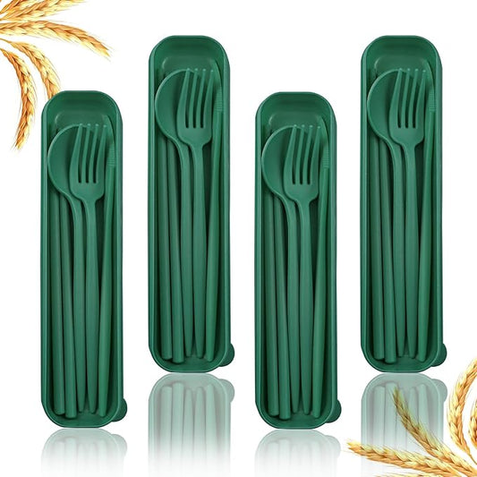 4 Sets Reusable Utensils Set with Case,Camping Cutlery Set Travel Silverware Set with Case Lunch Utensils Set for Work,Utensil Sets for Lunch Picnic Daily Use Outdoor (Darkgreen)