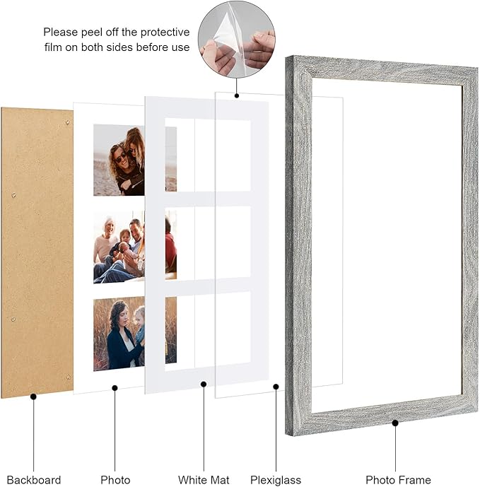 8x14 Collage frame with 3 Openings 4X6 Pictures, Multiple Picture Frame with Mat, Wall or Tabletop Decor, Grey Wood Grain,2 Pack