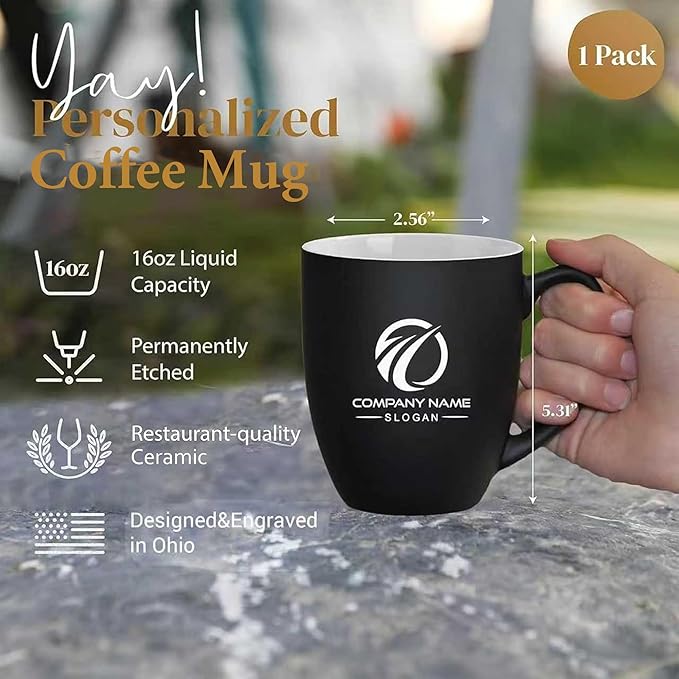 Personalized Coffee Mug Engraved with your Custom Logo - Customized Coffee Mugs, Hot Chocolate Mug, Birthday Gift, Retirement Gift (Engraved Custom Logo, Matte Black)