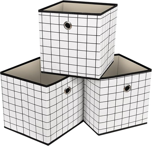 Foldable Storage Cubes Bins,11 Inch Cloth Storage Cube Fabric Storage Box Cubes Organizer Baskets with Dual Handles for Home Organizer Set of 3 (White grid)