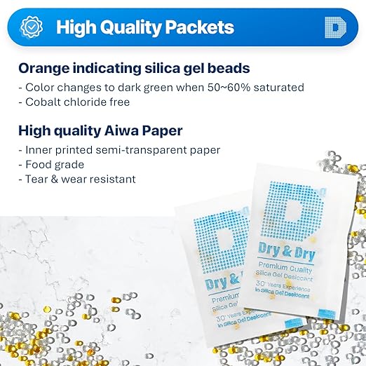 Dry & Dry 5 Gram [400 Packets] Premium Orange Indicating Silica Gel Packets Desiccants - Food Safe Silica Packets Silica Gel Silica Gel Packets