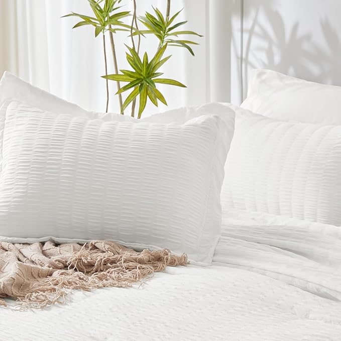 CozyLux Twin XL Seersucker Comforter Set with Sheets White 5 Pieces Bed in a Bag Twin Extra Long Luxury Soft Bedding Sets for College Dorm with Down Alternative Comforter, Sheets, Pillowcase & Sham