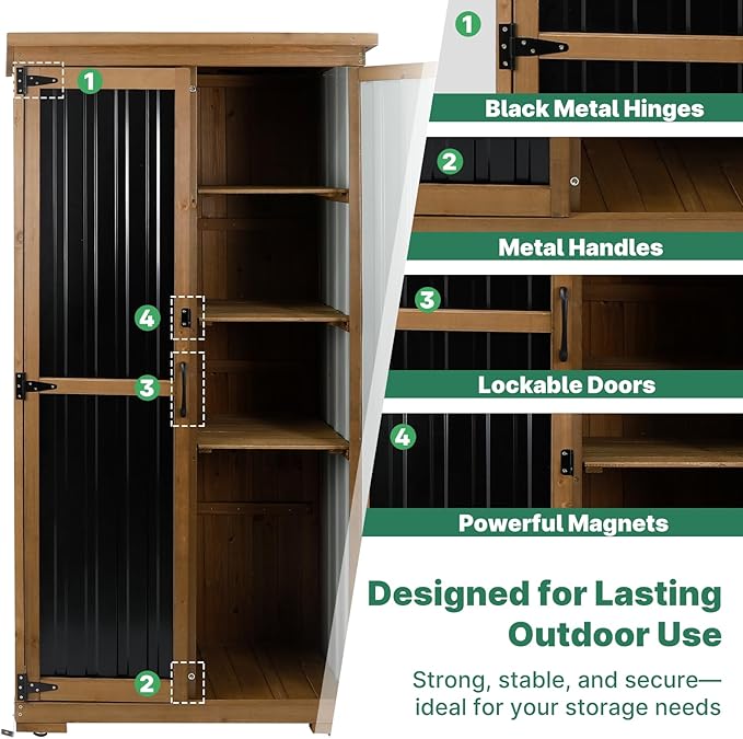 Ketive Outdoor Storage Cabinet, Tall Tool Garden Cabinet with Weather-Resistant Roof, Double Lockable Doors, 3 Removable Shelves & Adjustable Feet, for Patio, Garden, Backyard, 32" x 15.5" x 66"