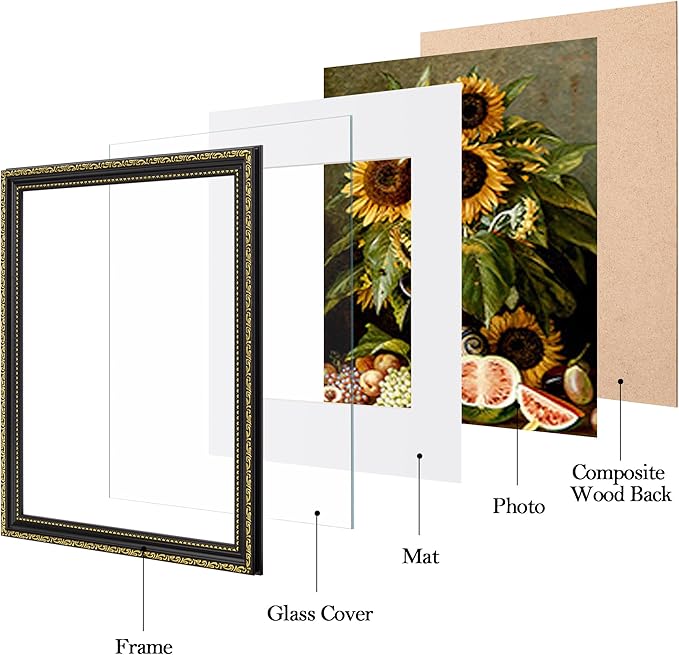 eletecpro 11x14 Picture Frames Set of 4, Vintage Photo Frame with Glass, Black Gold Frames 11 x 14 Display 8x10 Photo with Mat or 11x14 without Mat for Tabletop or Wall Decor, Black Gold
