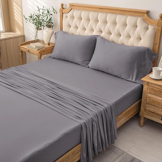 PURE ERA Jersey Knit 4pc Bed Sheet Set 100% T-Shirt Cotton Super Soft Comfy Breathable Fits Mattress Up to 20" Extra Deep Pocket (Solid Grey Purple, King)