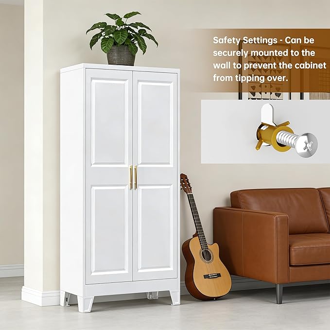 61.49''H Metal Pantry Storage Cabinet with 3 Adjustable Shelves,Farmhouse Kitchen Pantry Cabinet with 2 Doors for Home Kitchen,White, Assemble Required,13.7" D x 27.5" W x 61.4" H