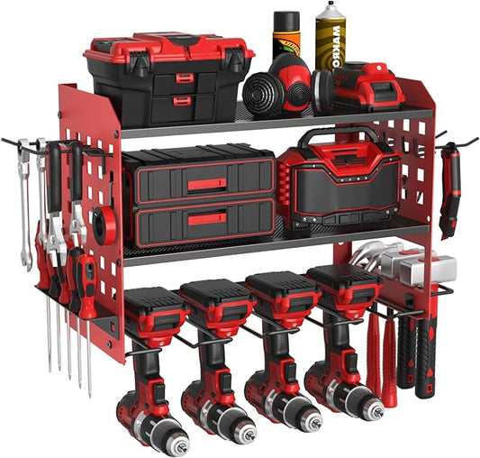 Power Tool Organizer, Heavy Duty Wall Mount Tool Organizer 3 Layers with 4 Drill Holders, Garage Tools Storage Rack with 2 Side Pegboards and Hooks for Workshop, Shed, Red