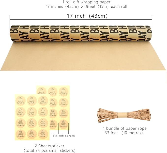 MAMUNU Birthday Wrapping Paper Roll, Black Kraft Happy Birthday Wrapping Paper Jumbo Roll, Brown and Black Kraft Gift Wrap Set for Boys Men Women Girls, 17x590 inch (70 sq. ft.)