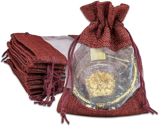 12-Pack Small Linen Burlap & Organza Gift Bags w. Drawstrings (3.5x5.5 in, Maroon) - Party Favors, Presents, Samples & Treats Mesh Pouch by The Display Guys